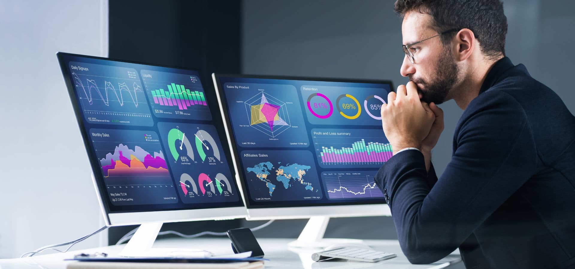 Profesional analizando dashboards y gráficos financieros en dos monitores